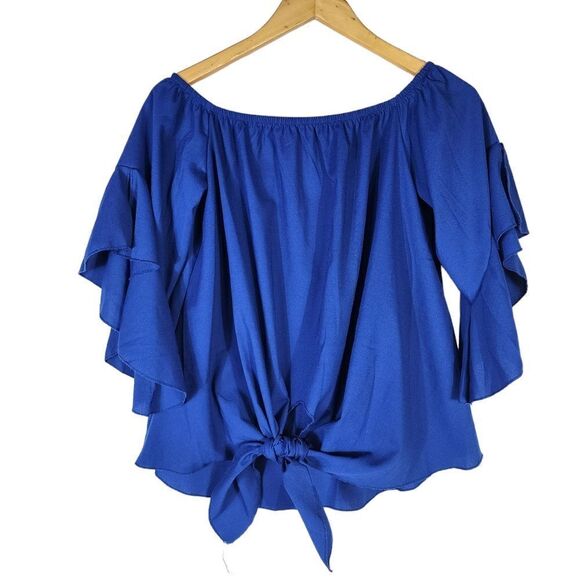 Eddoyee Summer Blue Off Shoulder Blouses Flare Sleeve Shirts Waist Tie Knot top - Picture 2 of 7